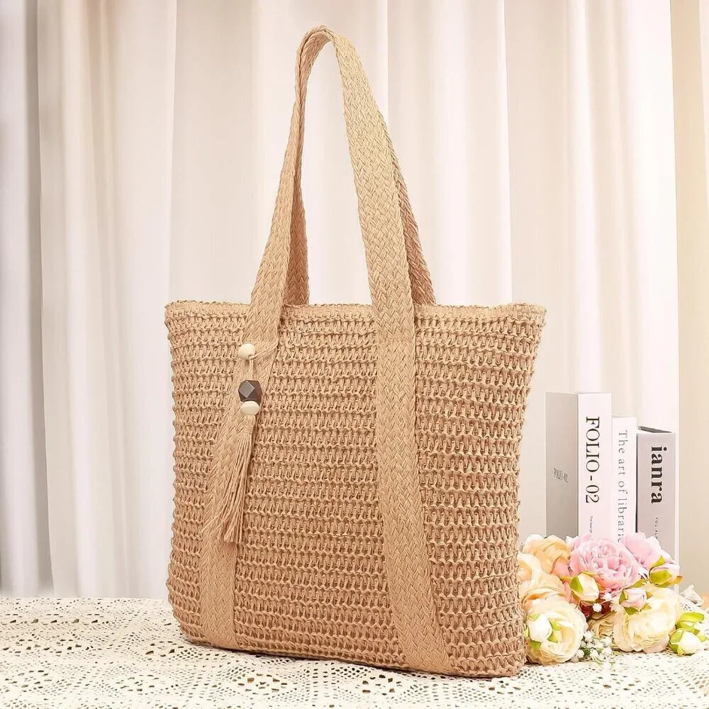 Womens Straw Woven Tote Bag Large Capacity Summer Beach Shoulder Purse
